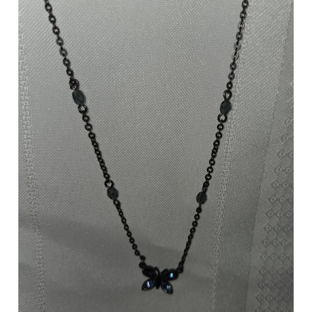 1928 Black and Blue Butterfly Gem Necklace Gunmetal Victorian Revival Goth 18"